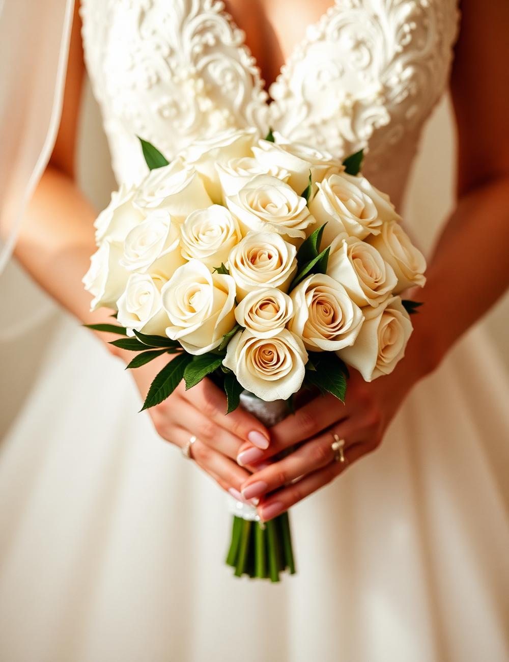 The bride holding a bouquet of ivory roses