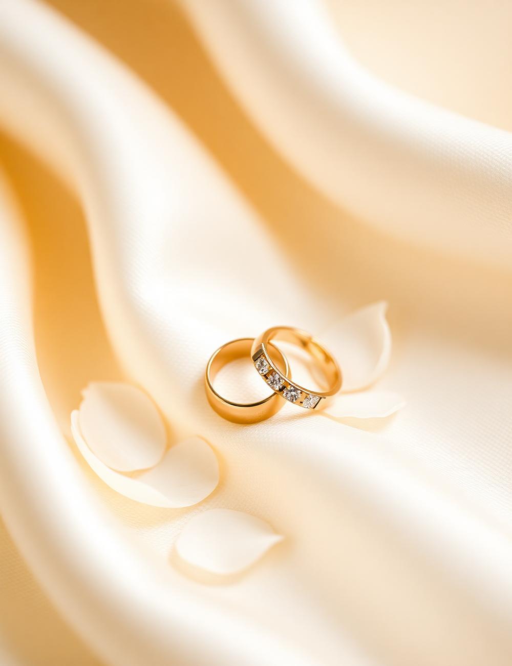 Two gold wedding rings resting on ivory silk