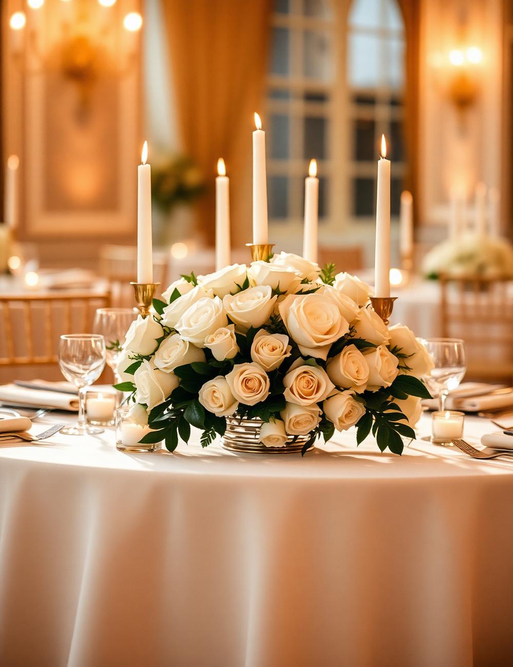 Candlelit reception table with white roses