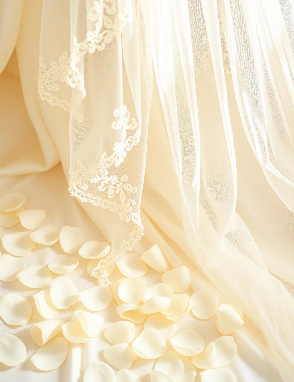 Lace veil and soft rose petals on cream fabric